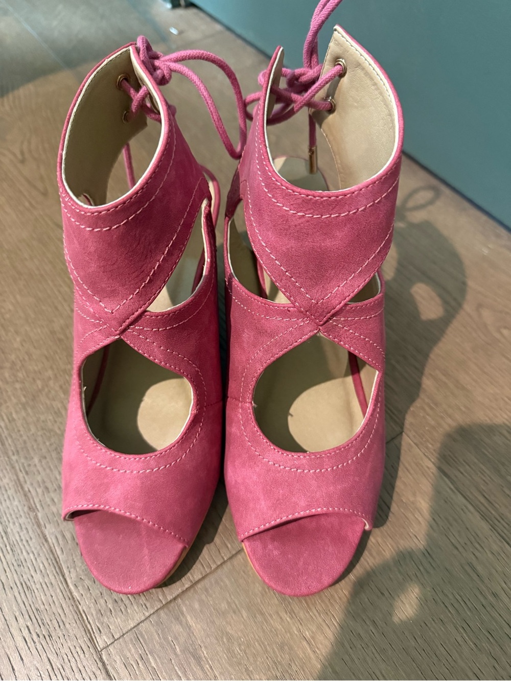 Women's Pink Suede Lace-Up Peep-Toe Heels